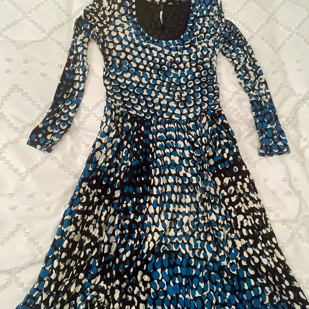 Tracy Reese Blue and Black Fit and Flare Long Sleeve Dress
